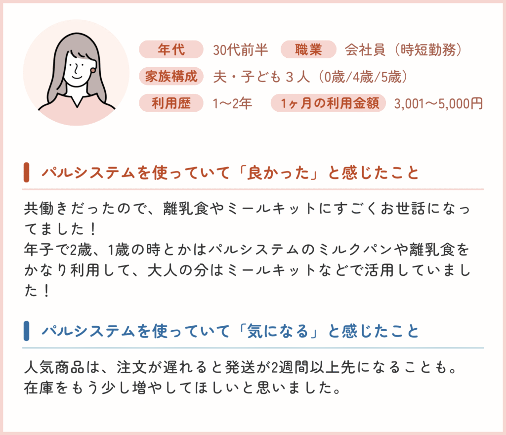 年代：30代前半 / 職業：会社員（時短勤務） / 家族構成：夫・子ども３人（0歳・4歳・5歳）/使用歴：1〜2年/ 1ヶ月の利用金額：3,001〜5,000円 ・パルシステムを使っていて「良かった」と感じたこと 共働きだったので、離乳食やミールキットに凄くお世話になってました！年子で2歳、1歳の時とかはパルシステムのミルクパンや離乳食をかなり利用して、大人の分はミールキットなどで活用していました！ ・パルシステムを使っていて「気になる」と感じたこと 人気の商品を頼もうとした時に既に1週間後の発送に間に合わず、必ず2週間後（またはそれ以降で不透明）になってしまいます。 私たちが頼むのが遅くて、人気商品なので仕方ないかもしれないですが逆に人気の商品だとわかっているなら在庫数増やしておくとかしてほしいなといつも思います。