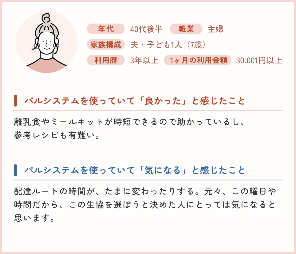 年代：40代後半 / 職業：主婦 / 家族構成：夫・子ども1人（7歳）/使用歴：3年以上/ 1ヶ月の利用金額：30,001円以上 ・パルシステムを使っていて「良かった」と感じたこと 離乳食やミールキットが時短できるので助かっているし、参考レシピも有難い。 ・パルシステムを使っていて「気になる」と感じたこと 配達ルートの時間が、たまに変わったりする。元々、この曜日や時間だから、この生協を選ぼうと決めた人にとっては気になると思います。