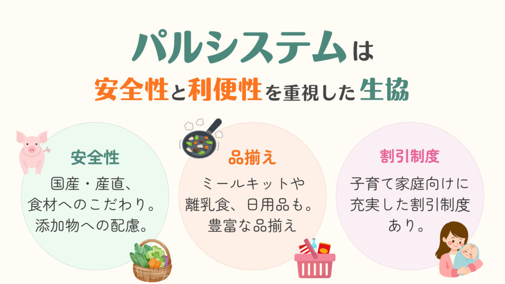パルシステムは安全性と利便性を重視した生協。
安全性：国産・産直、食材へのこだわり。添加物への配慮。
品揃え：ミールキットや離乳食、日用品も。豊富な品揃え。
割引制度：子育て家庭むけに充実した割引制度あり。
